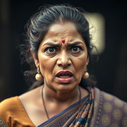 A dramatic portrait of a 25-year-old Tamil woman expressing fear, wearing a traditional 'paavada' (a long skirt), with intricate patterns and vibrant colors