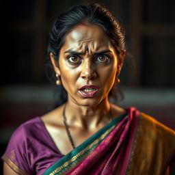 A dramatic portrait of a 25-year-old Tamil woman expressing fear, wearing a traditional 'paavada' (a long skirt), with intricate patterns and vibrant colors