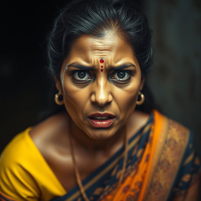 A dramatic portrait of a 25-year-old Tamil woman expressing fear, wearing a traditional 'paavada' (a long skirt), with intricate patterns and vibrant colors