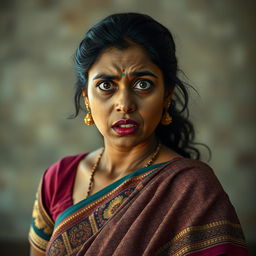 A dramatic portrait of a 25-year-old Tamil woman expressing fear, wearing a traditional 'paavada' (a long skirt), with intricate patterns and vibrant colors