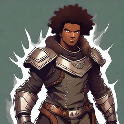 A detailed, digital art image of a young adult male technomancer with dark olive skin and a thick afro