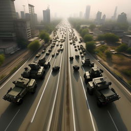 aerial view jet fighter in the sky looking down on 2 jeeps bearing 10 combatants, to the left 10 combatants on hover-boards, to the right 12 combatants on hover-bikes, down the freeway 2 armored cars with 12 combatants behind, all combatants in skeleton face mask and normal bullet proof vests