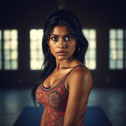 A dramatic portrayal of a 25-year-old Tamil woman with a look of fear, dressed in a stylish yoga outfit