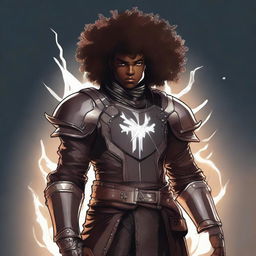 A detailed, digital art image of a young adult male technomancer with dark olive skin and a thick afro