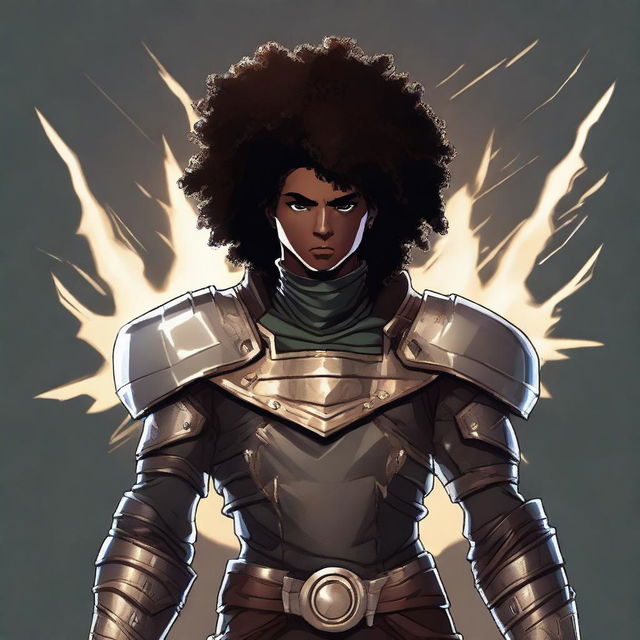 A detailed, digital art image of a young adult male technomancer with dark olive skin and a thick afro