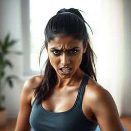 A dramatic expression of a 25-year-old Tamil woman, showcasing intense emotions of fear