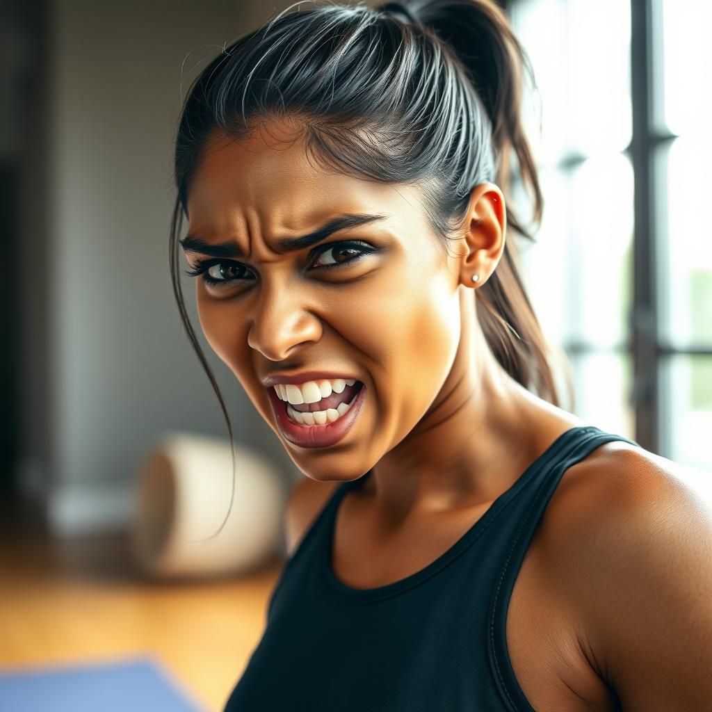 A dramatic expression of a 25-year-old Tamil woman, showcasing intense emotions of fear