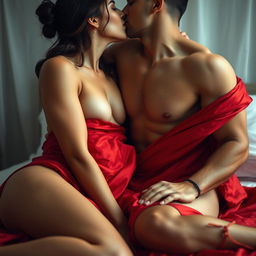 A sensual scene depicting a nude woman with an alluring pose as she passionately kisses a man on a bed