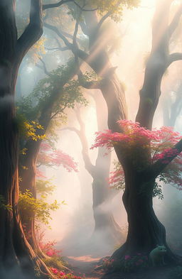 A mystical forest scene enveloped in ethereal mist, with soft, shimmering light filtering through the trees