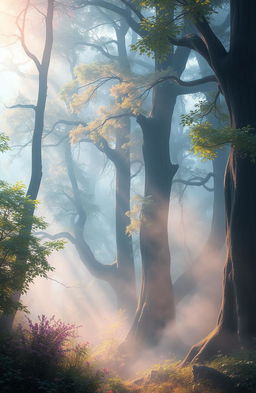 A mystical forest scene enveloped in ethereal mist, with soft, shimmering light filtering through the trees