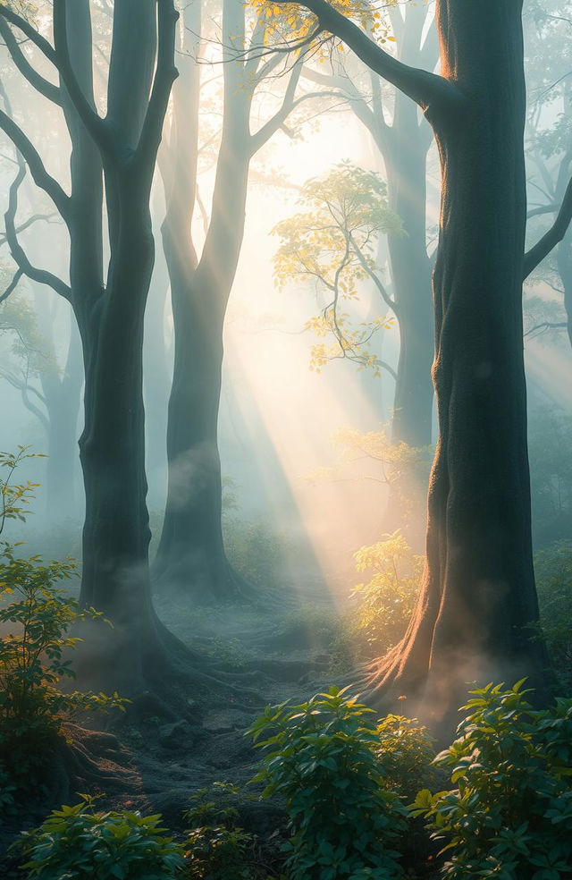 A mystical forest scene enveloped in ethereal mist, with soft, shimmering light filtering through the trees