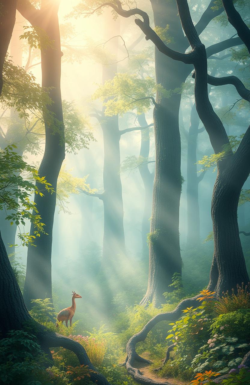 A mystical forest scene enveloped in ethereal mist, with soft, shimmering light filtering through the trees