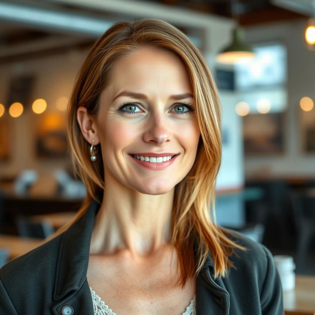 A full-length photograph of a woman aged between 30 to 45 years with a natural appearance, featuring minimal makeup and well-groomed hair