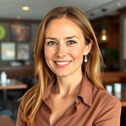 A full-length photograph of a woman aged between 30 to 45 years with a natural appearance, featuring minimal makeup and well-groomed hair