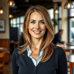 A full-length photograph of a woman aged between 30 to 45 years with a natural appearance, featuring minimal makeup and well-groomed hair