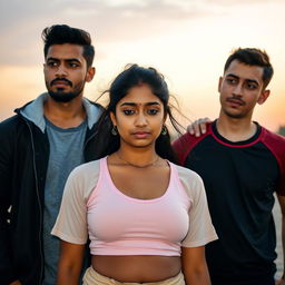 A Tamil dusky girl wearing a stylish yoga outfit, her expression reflecting sadness as she stands in a serene environment