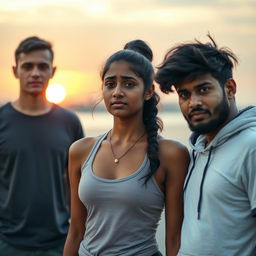 A Tamil dusky girl wearing a stylish yoga outfit, her expression reflecting sadness as she stands in a serene environment
