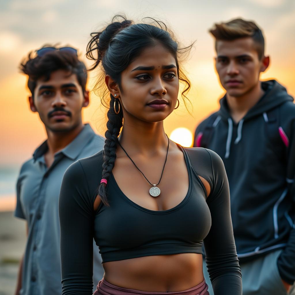 A Tamil dusky girl wearing a stylish yoga outfit, her expression reflecting sadness as she stands in a serene environment