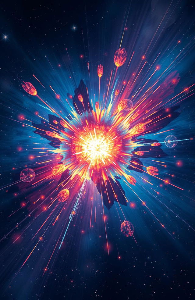 A captivating and colorful illustration of a supernova explosion, depicting a brilliant burst of light and vibrant colors like blues, reds, and yellows against a deep space backdrop filled with twinkling stars