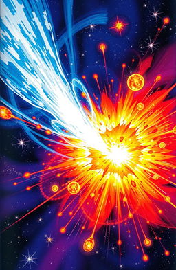 A captivating and colorful illustration of a supernova explosion, depicting a brilliant burst of light and vibrant colors like blues, reds, and yellows against a deep space backdrop filled with twinkling stars