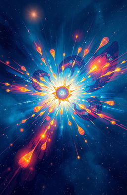 A captivating and colorful illustration of a supernova explosion, depicting a brilliant burst of light and vibrant colors like blues, reds, and yellows against a deep space backdrop filled with twinkling stars