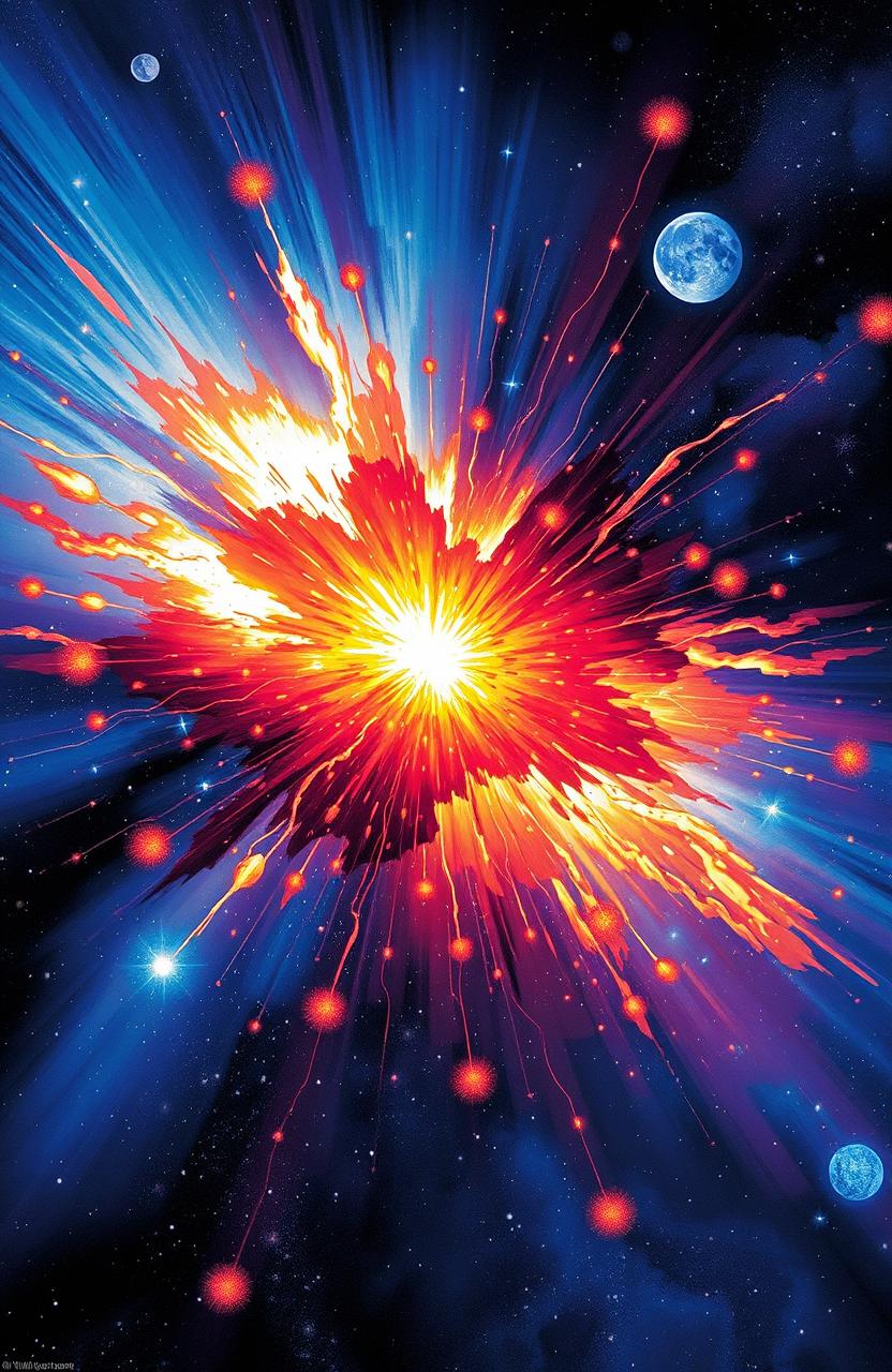 A captivating and colorful illustration of a supernova explosion, depicting a brilliant burst of light and vibrant colors like blues, reds, and yellows against a deep space backdrop filled with twinkling stars