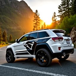 A modified 2010 Jeep Grand Cherokee Limited, showcasing a striking white and black color scheme