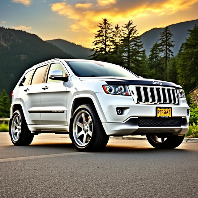 A modified 2010 Jeep Grand Cherokee Limited, showcasing a striking white and black color scheme