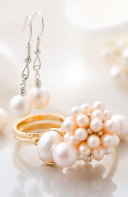 An elegant display of pearl earrings and rings, showcasing their lustrous sheen and intricate designs