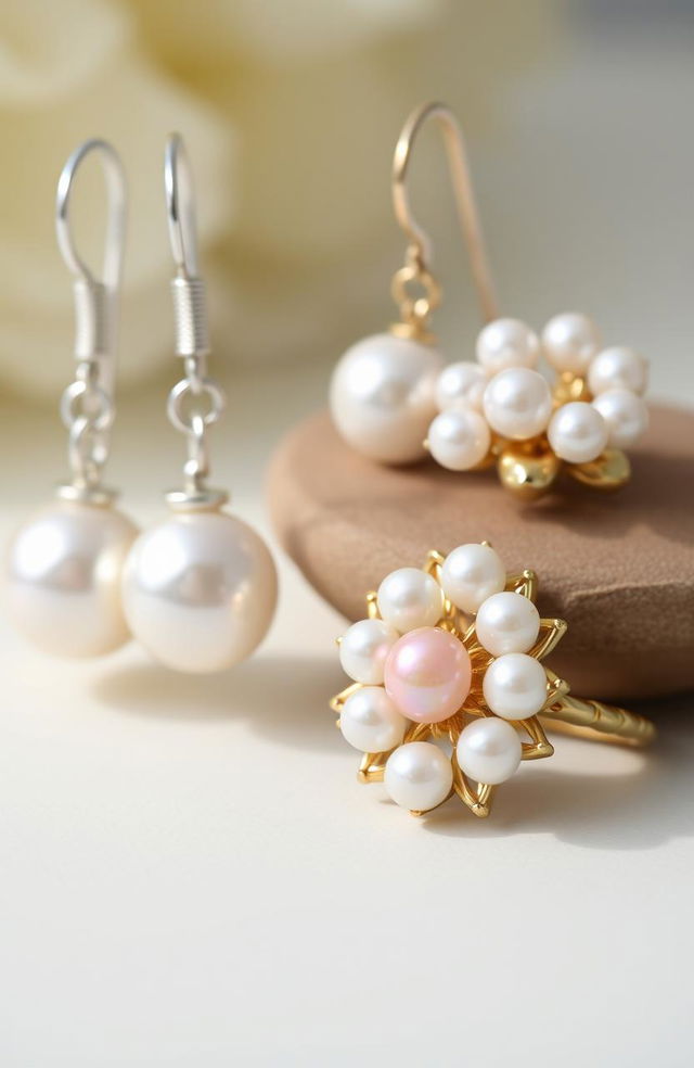 An elegant display of pearl earrings and rings, showcasing their lustrous sheen and intricate designs