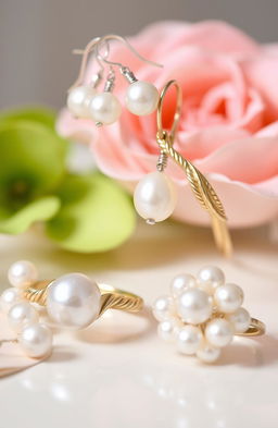 An elegant display of pearl earrings and rings, showcasing their lustrous sheen and intricate designs
