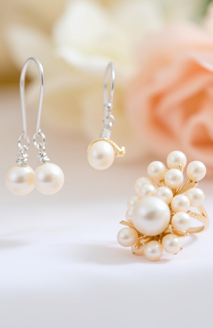 An elegant display of pearl earrings and rings, showcasing their lustrous sheen and intricate designs