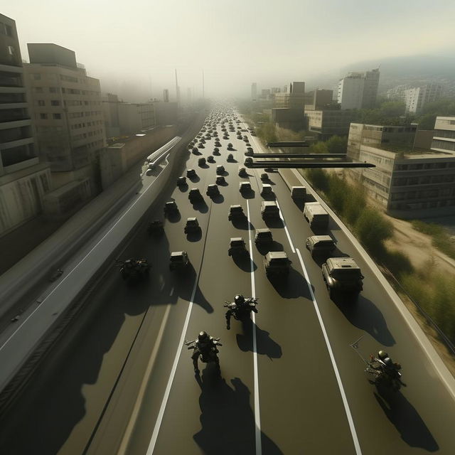 aerial view jet fighter in the sky looking down on 2 jeeps bearing 10 combatants, to the left 10 combatants on hover-boards, to the right 12 combatants on hover-bikes, down the freeway 2 armored cars with 12 combatants behind, all combatants in skeleton face mask and normal bullet proof vests