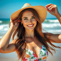 A 35-year-old American woman with long, flowing brown hair, wearing a stylish summer dress with floral patterns