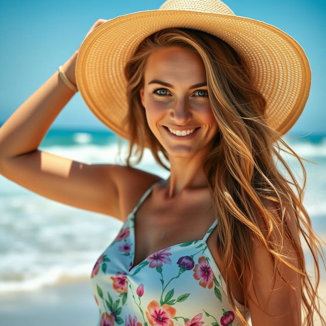 A 35-year-old American woman with long, flowing brown hair, wearing a stylish summer dress with floral patterns