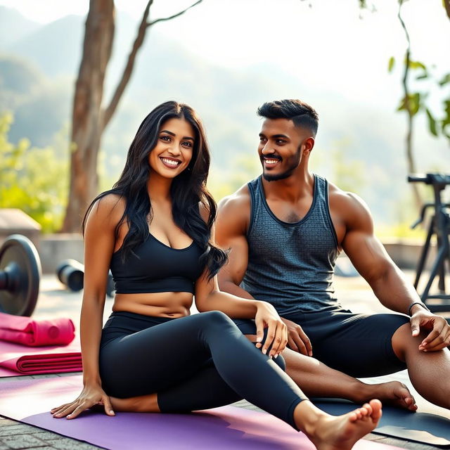 A Tamil woman in a stylish, form-fitting yoga outfit, elegantly sitting beside a muscular gym guy