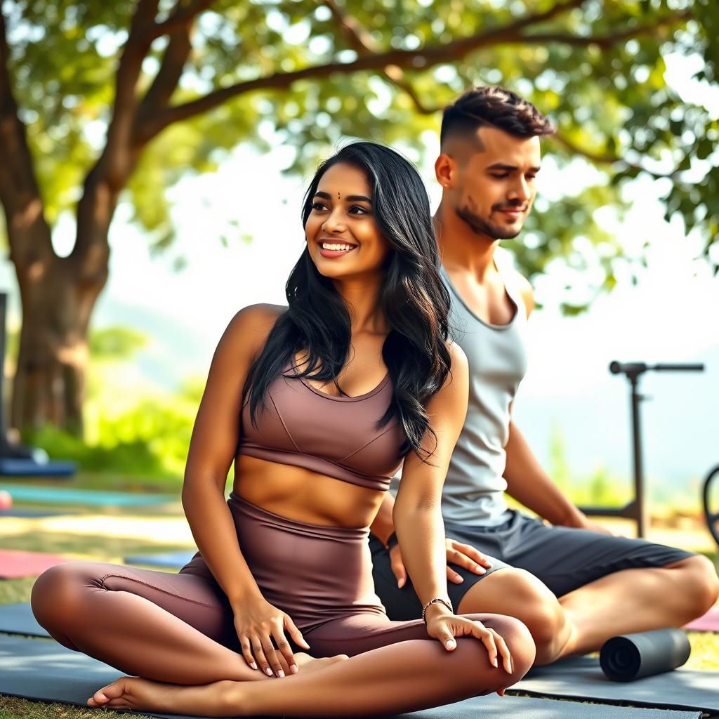 A Tamil woman in a stylish, form-fitting yoga outfit, elegantly sitting beside a muscular gym guy