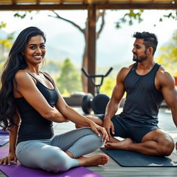 A Tamil woman in a stylish, form-fitting yoga outfit, elegantly sitting beside a muscular gym guy