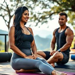 A Tamil woman in a stylish, form-fitting yoga outfit, elegantly sitting beside a muscular gym guy