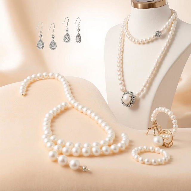 A stunning collection of pearl wearables, including necklaces, bracelets, earrings, and rings