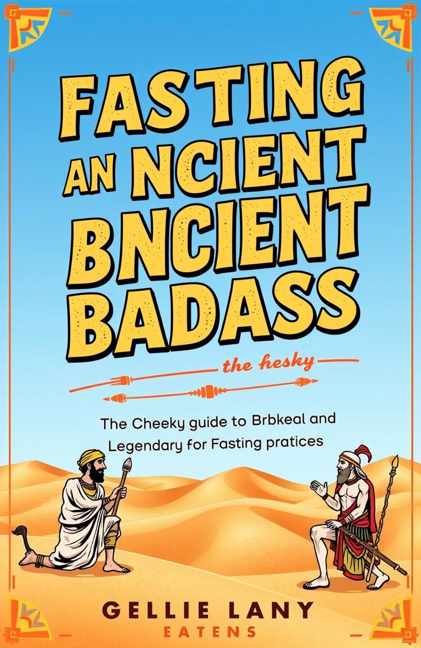 A stylized cover design for a book titled 'Fasting Like an Ancient Badass: A Cheeky Guide to Biblical and Legendary Fasting Practices'