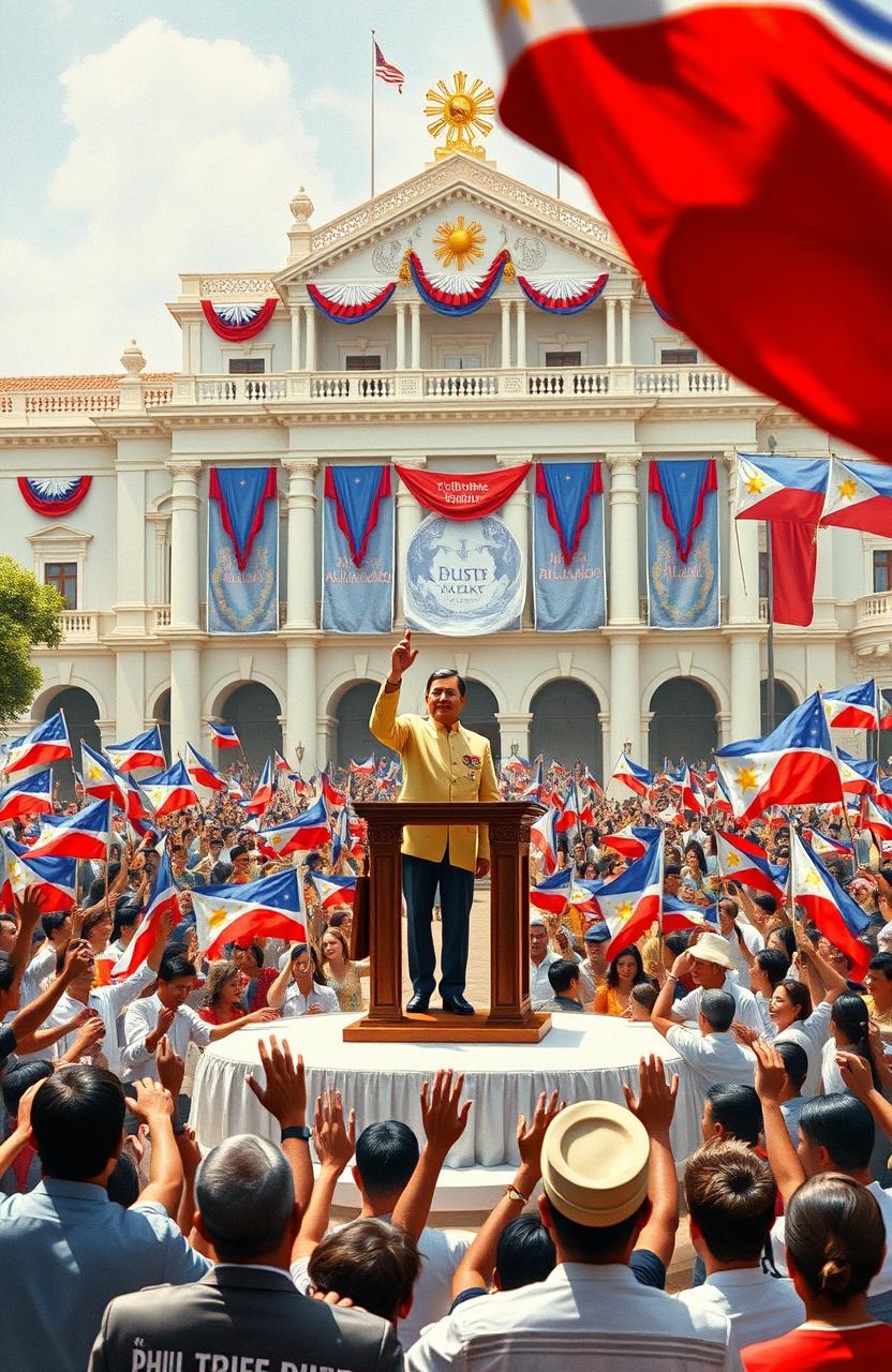 A historical scene depicting the first Philippine Republic, showcasing Emilio Aguinaldo, the first president, standing proudly at the podium during the declaration of independence in 1898