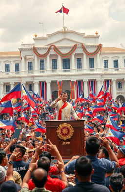 A historical scene depicting the first Philippine Republic, showcasing Emilio Aguinaldo, the first president, standing proudly at the podium during the declaration of independence in 1898