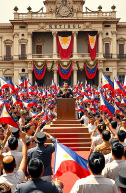 A historical scene depicting the first Philippine Republic, showcasing Emilio Aguinaldo, the first president, standing proudly at the podium during the declaration of independence in 1898