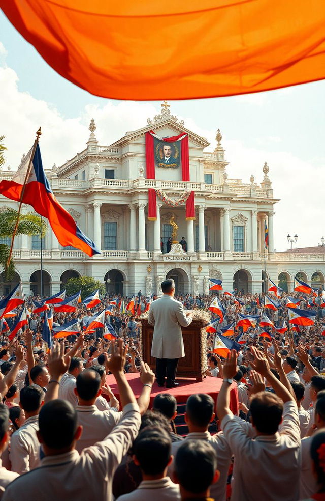 A historical scene depicting the first Philippine Republic, showcasing Emilio Aguinaldo, the first president, standing proudly at the podium during the declaration of independence in 1898