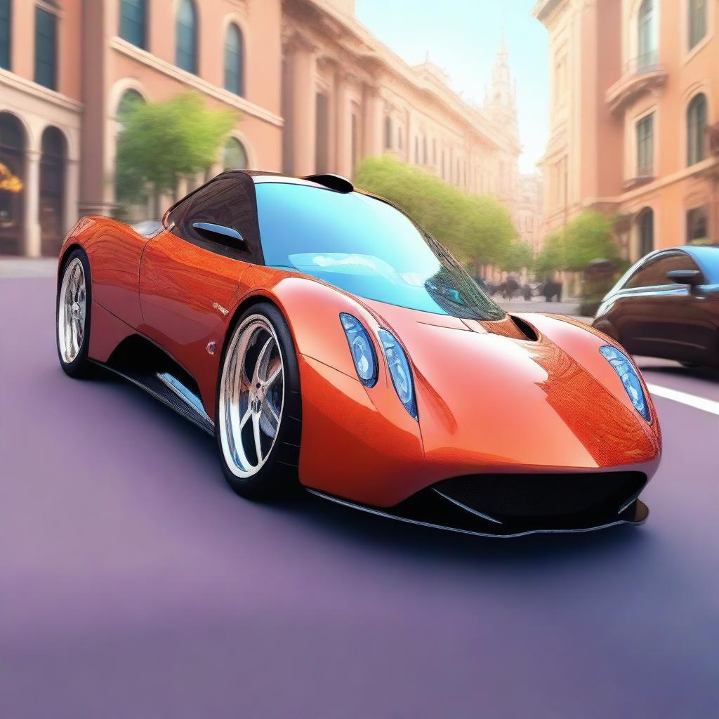 A Disney Pixar style digital art of a Pagani concept car with expressive eyes and a cheerful grin, set against a backdrop of a lively city street