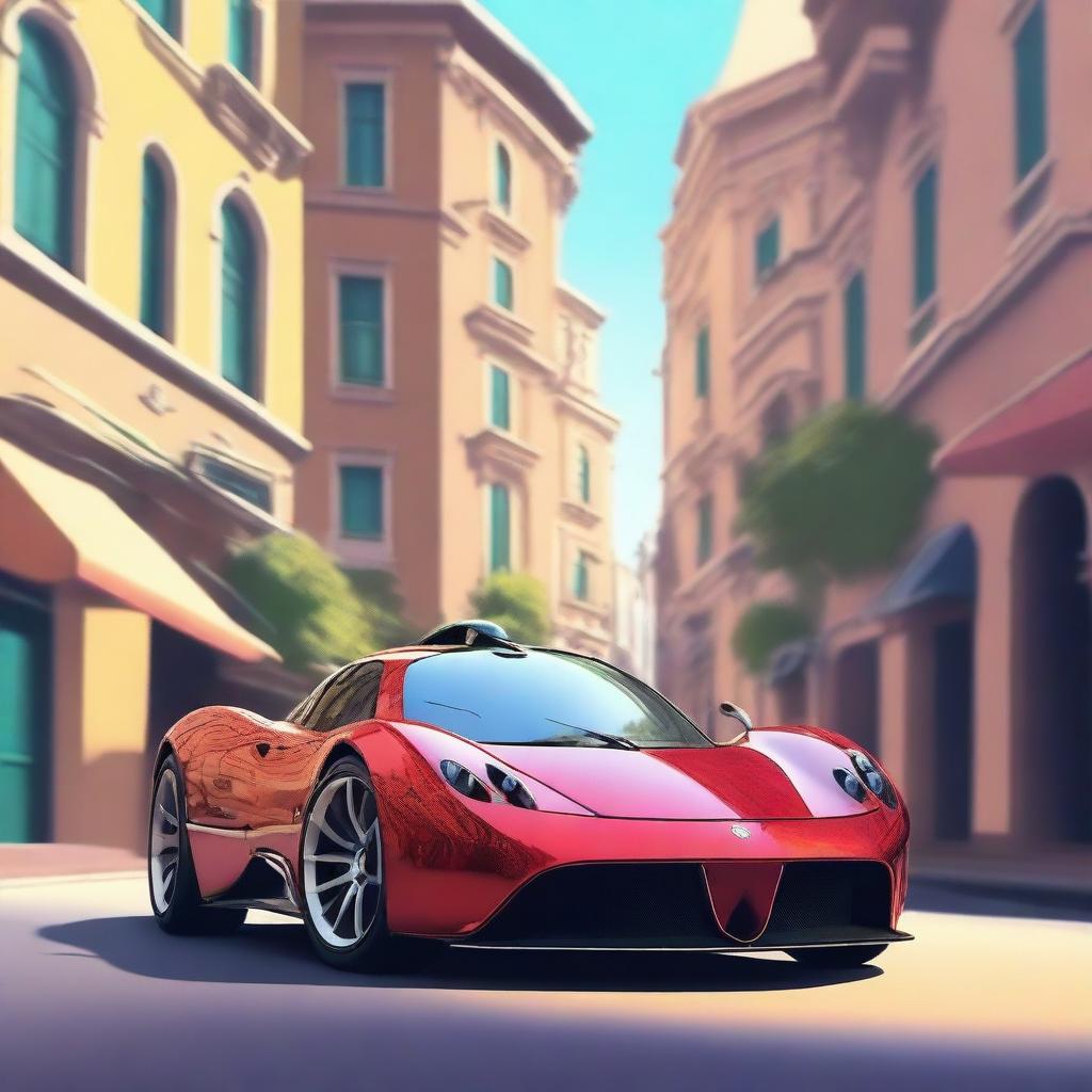 A Disney Pixar style digital art of a Pagani concept car with expressive eyes and a cheerful grin, set against a backdrop of a lively city street