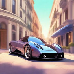 A Disney Pixar style digital art of a Pagani concept car with expressive eyes and a cheerful grin, set against a backdrop of a lively city street