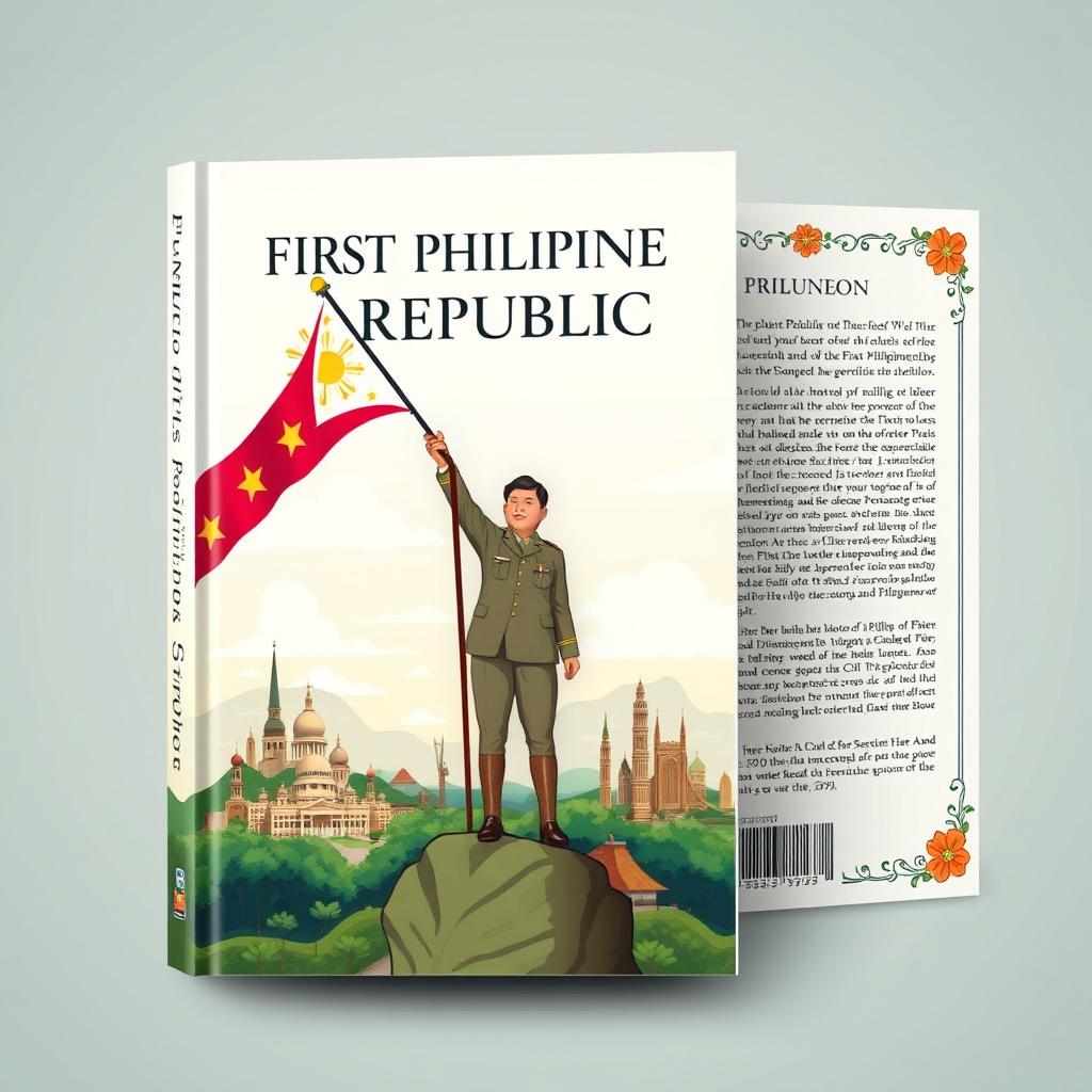 A beautifully designed book cover for the 'First Philippine Republic' featuring a striking front cover illustration