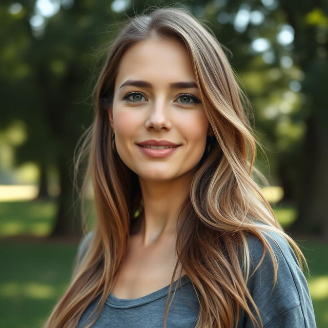 A 35-year-old American woman with a natural style, featuring light skin and minimal makeup that enhances her features without overpowering them